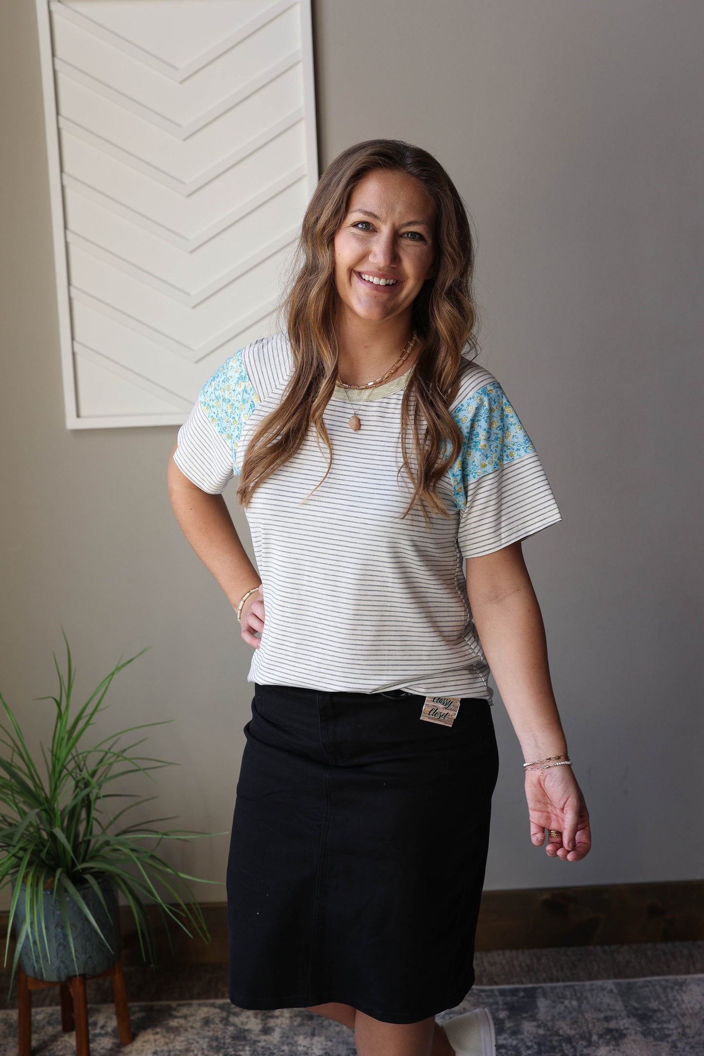 White Stripe Floral Insert Sleeve Top, Small