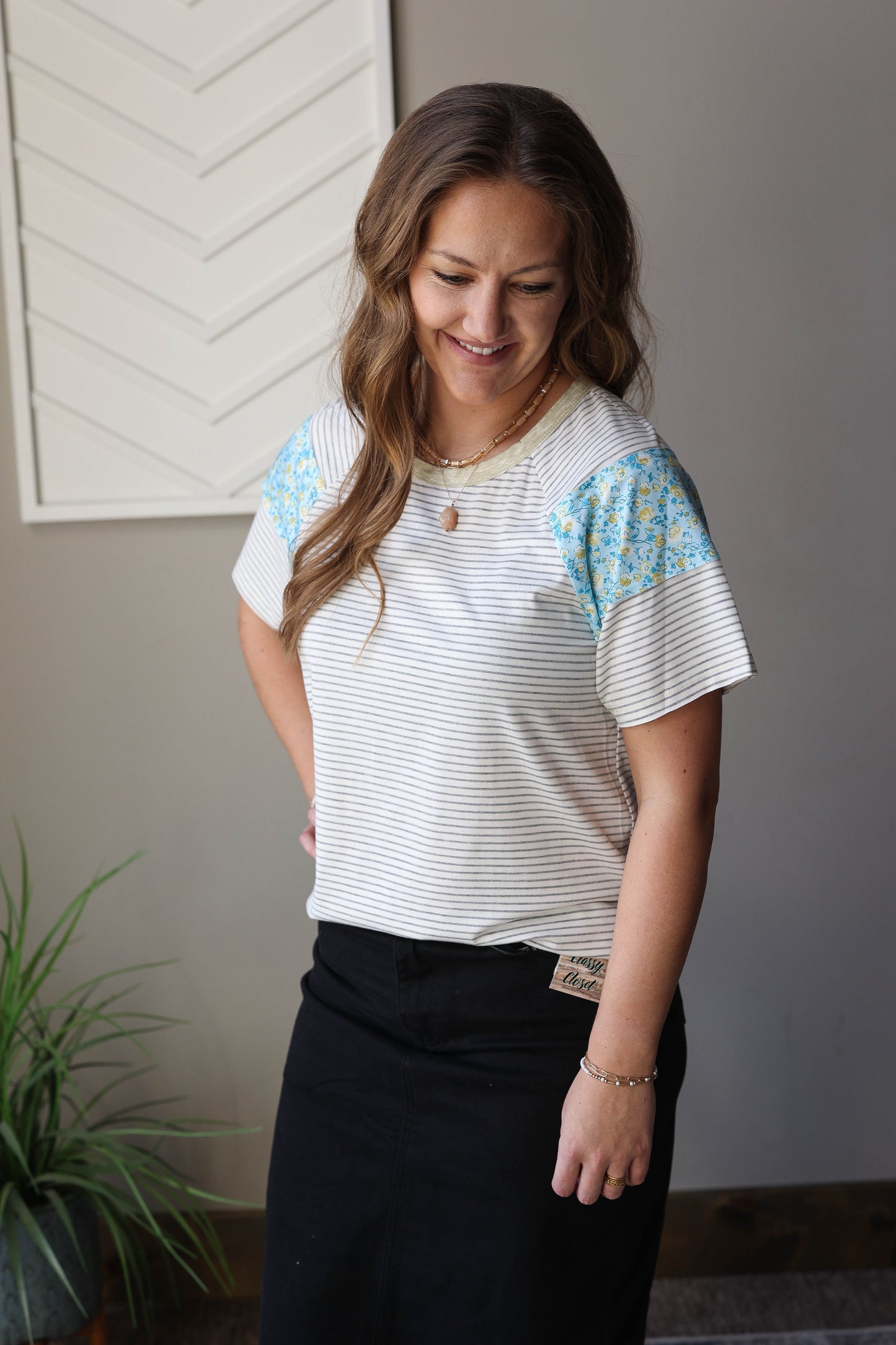 White Stripe Floral Insert Sleeve Top, Small