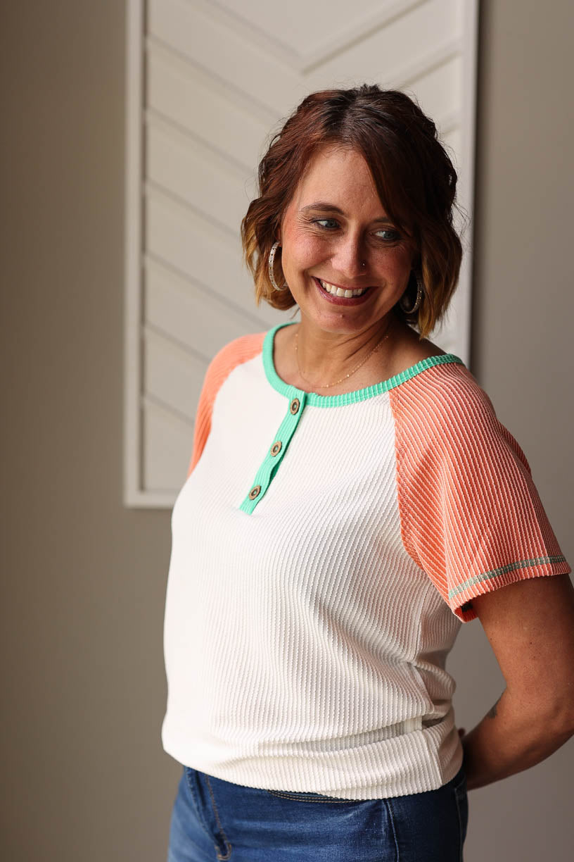 White Colorblock Textured Henley Top • S-2XL PLUS