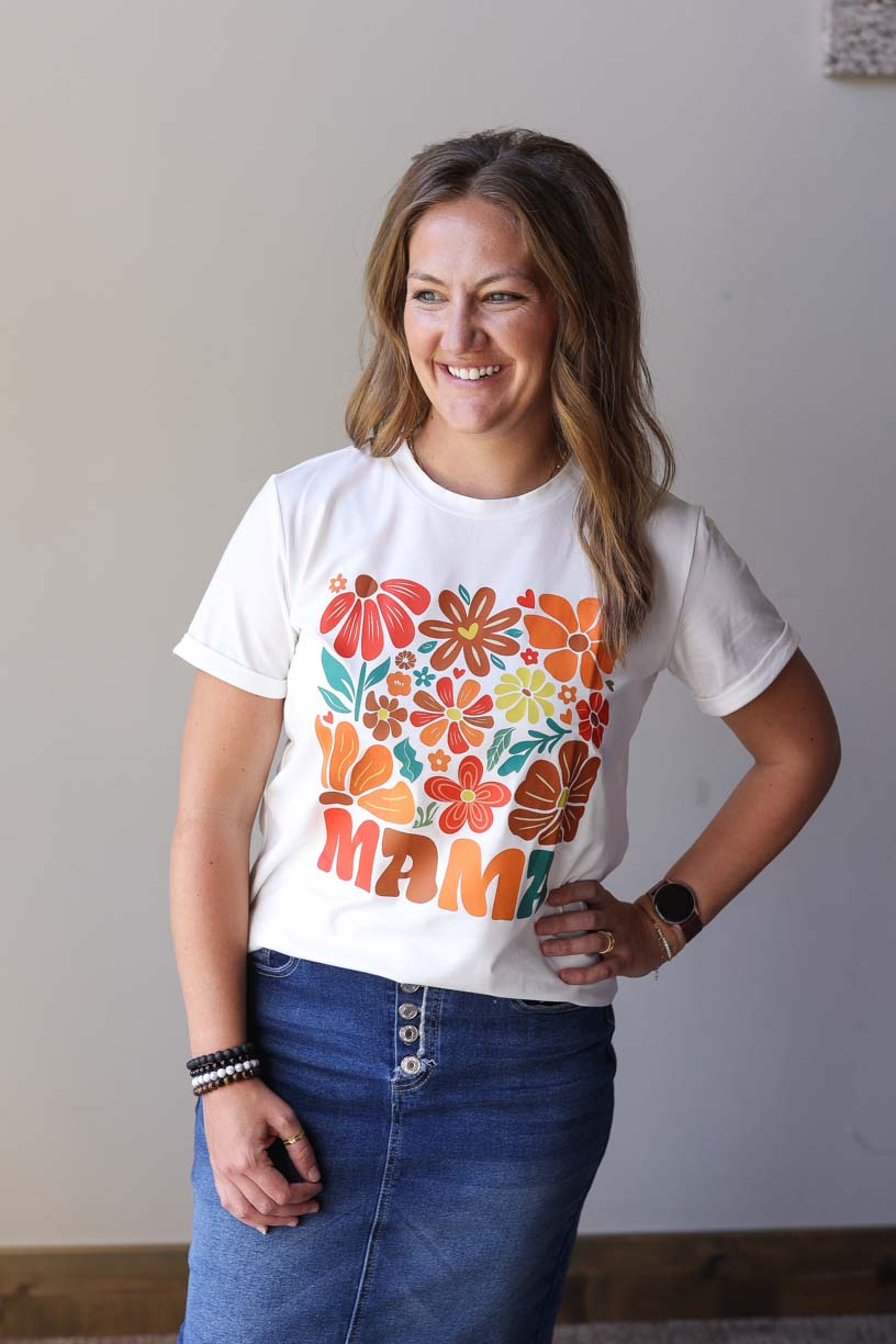 White "MAMA" Flower Graphic Tee