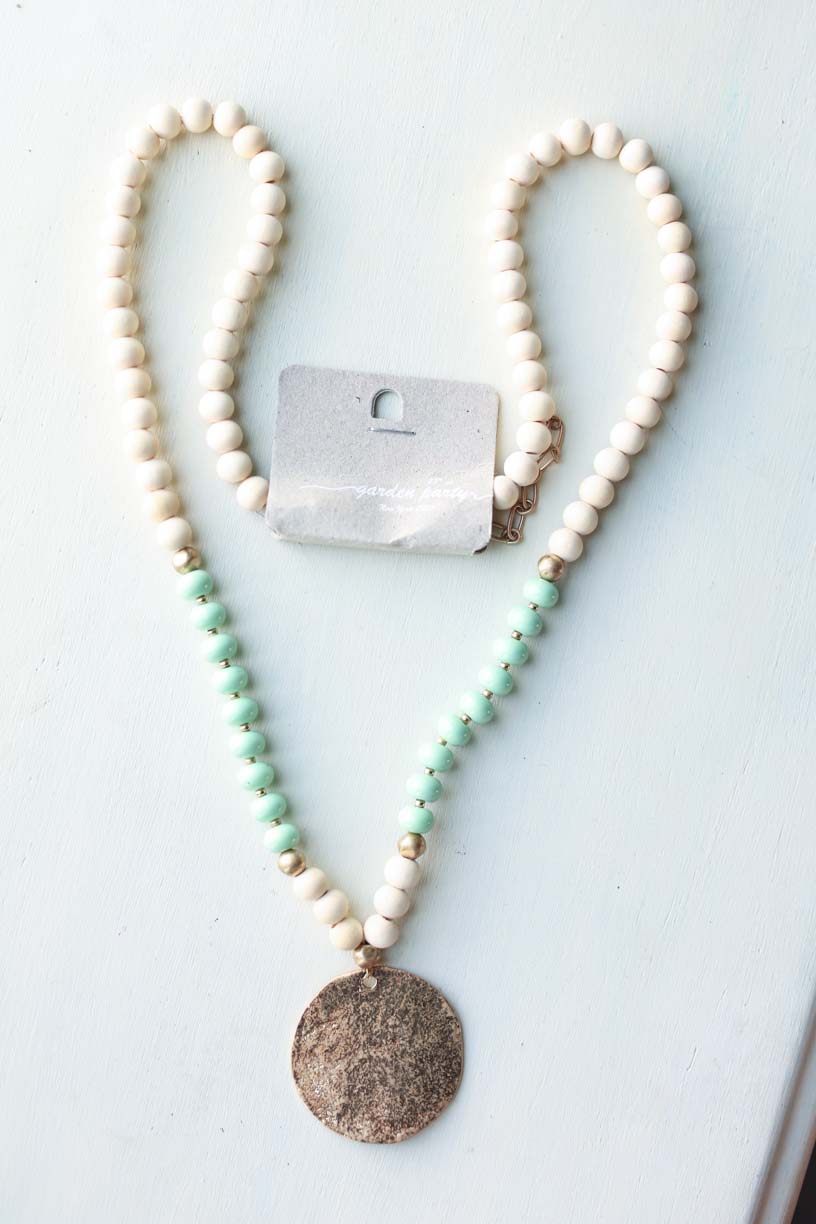 White Mint Gold Long Necklace at Classy Closet Online Women's Modest Clothing Boutique