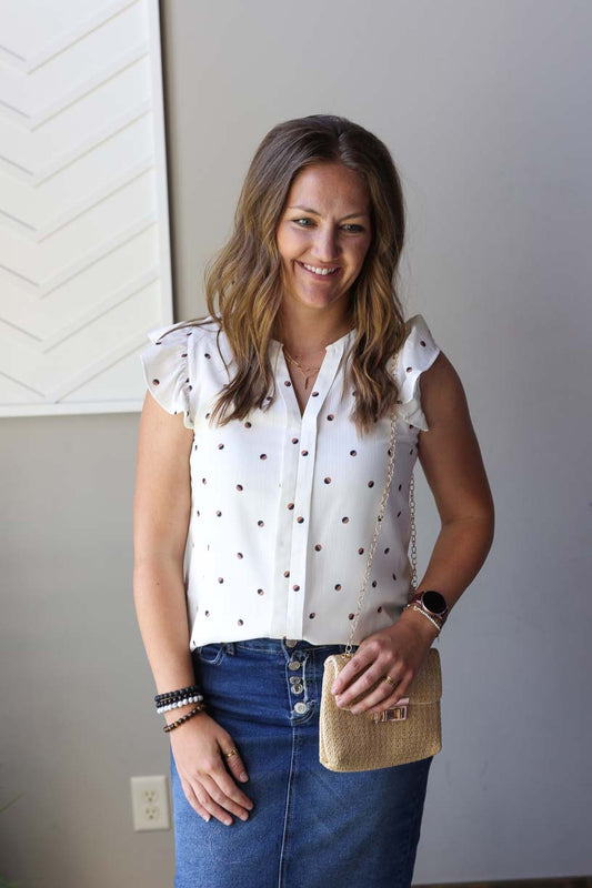 White Polka Dot Ruffle Sleeve Top