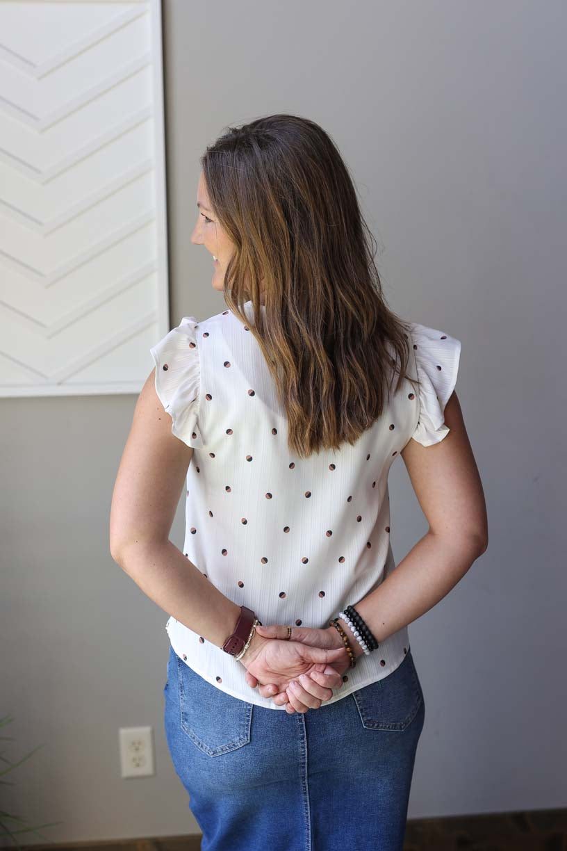 White Polka Dot Ruffle Sleeve Top