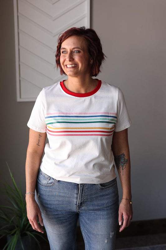 Spread energy and style with our White Contrast Stripe Contrast Tee. Its fun and versatile design is perfect for pairing with our new blue jacket or any other color. Dress it up or down for more outfits looks or occasions, including patriotic holidays. Let simplicity and fun be your guide! Classy Closet online women's boutique clothing for modest fashion and cute everyday chic outfits at home, work, school, or date nights. Hull Iowa