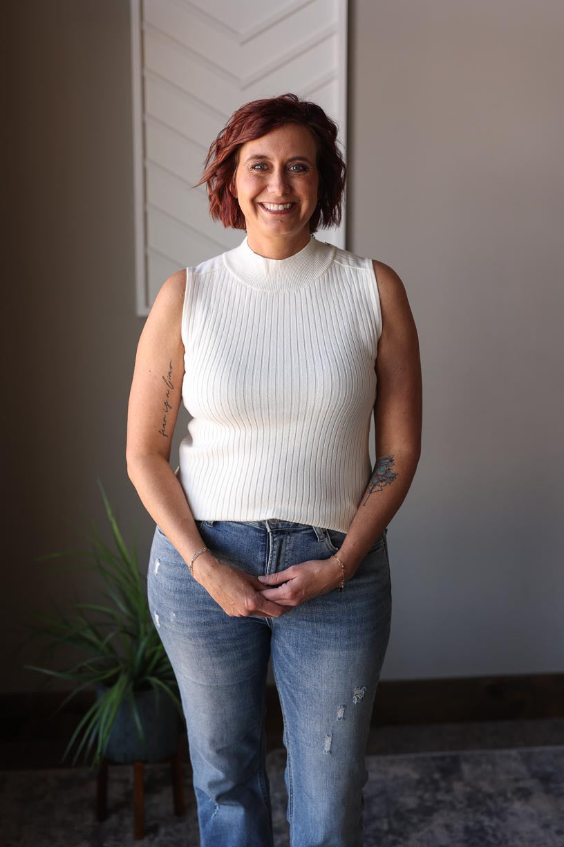 White Ribbed Mockneck Sleeveless Sweater; XS-Lg