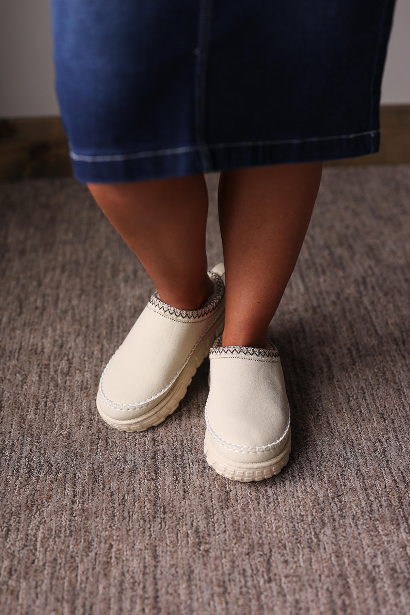 White Contrast Stitch Faux Suede Clog