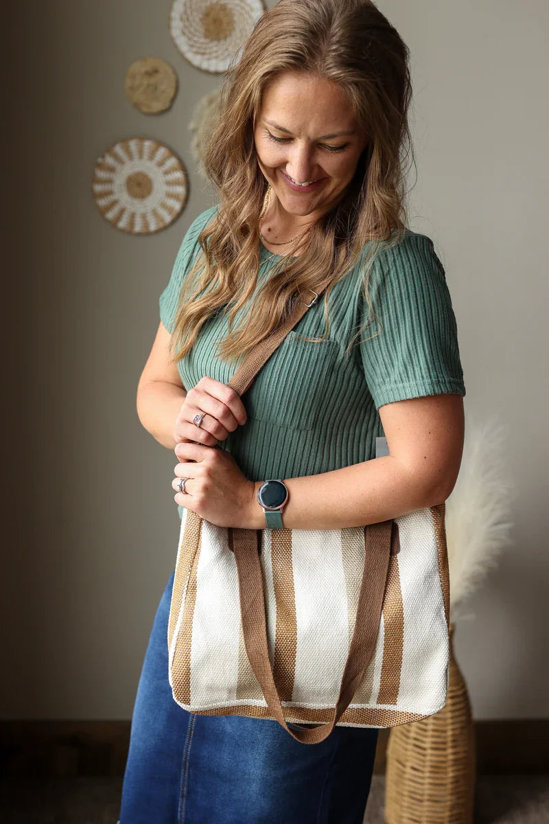 neutral striped canvas shoulder bag purse for summer