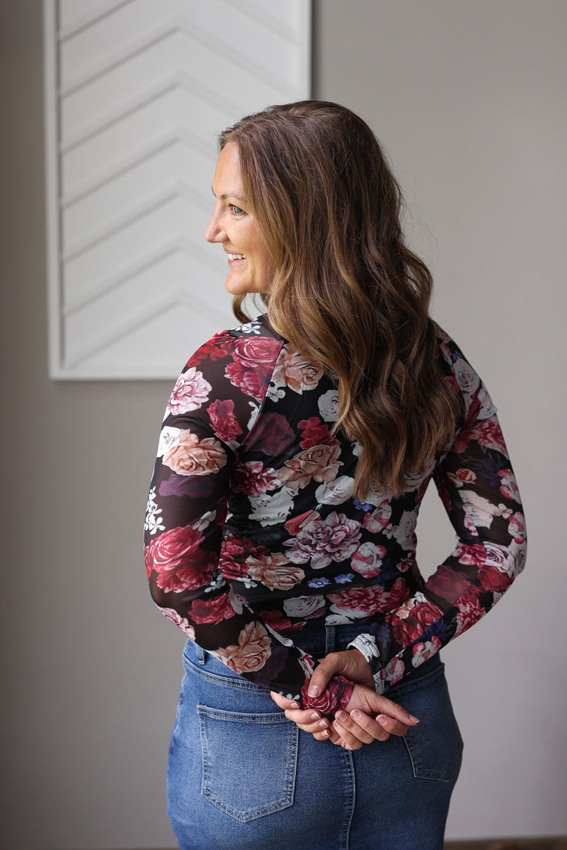 Pink Mesh Floral Print Mochneck Top