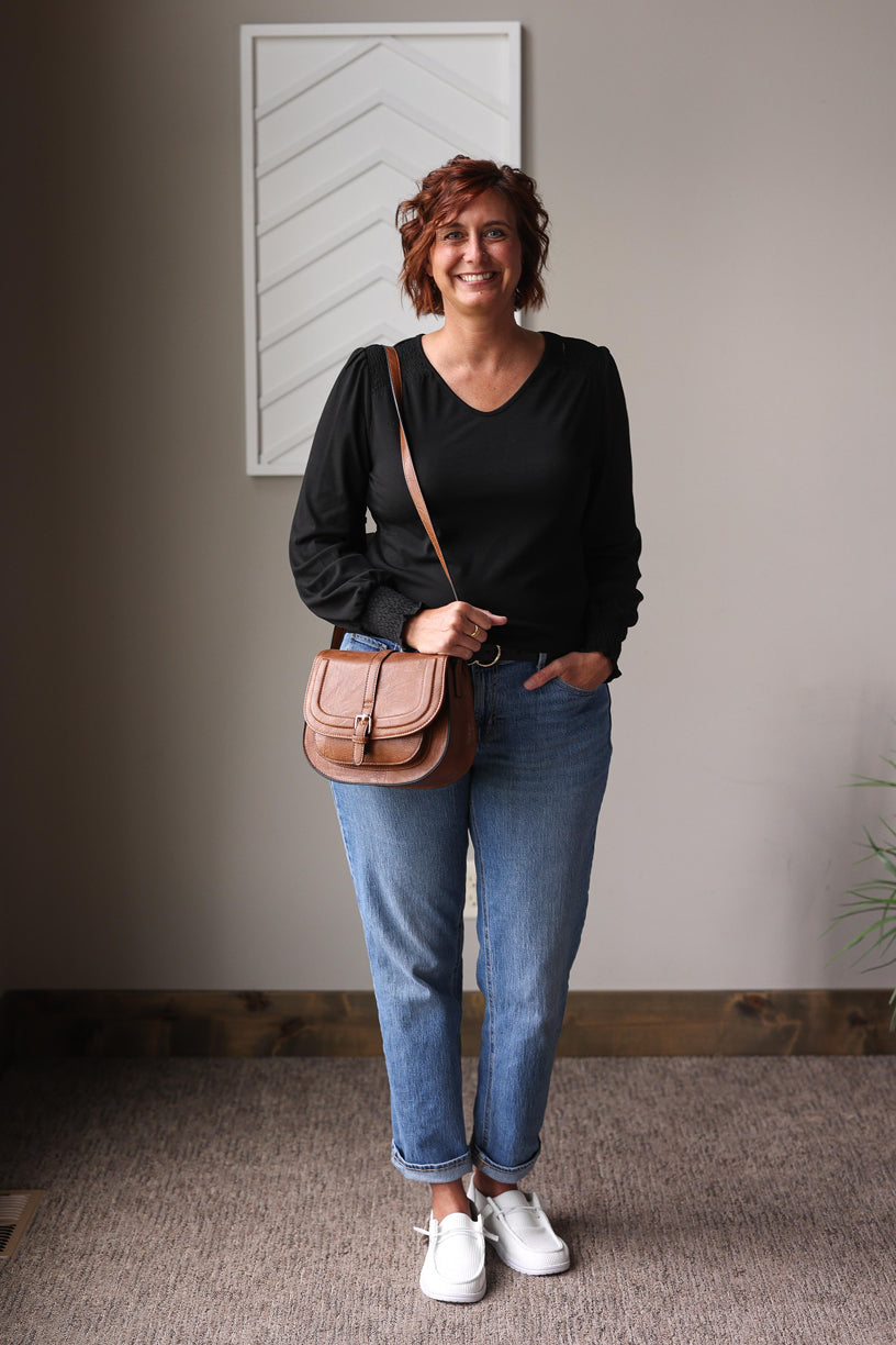Black Shirred Shoulder And Sleeve Top