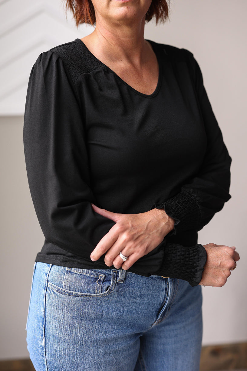 Black Shirred Shoulder And Sleeve Top