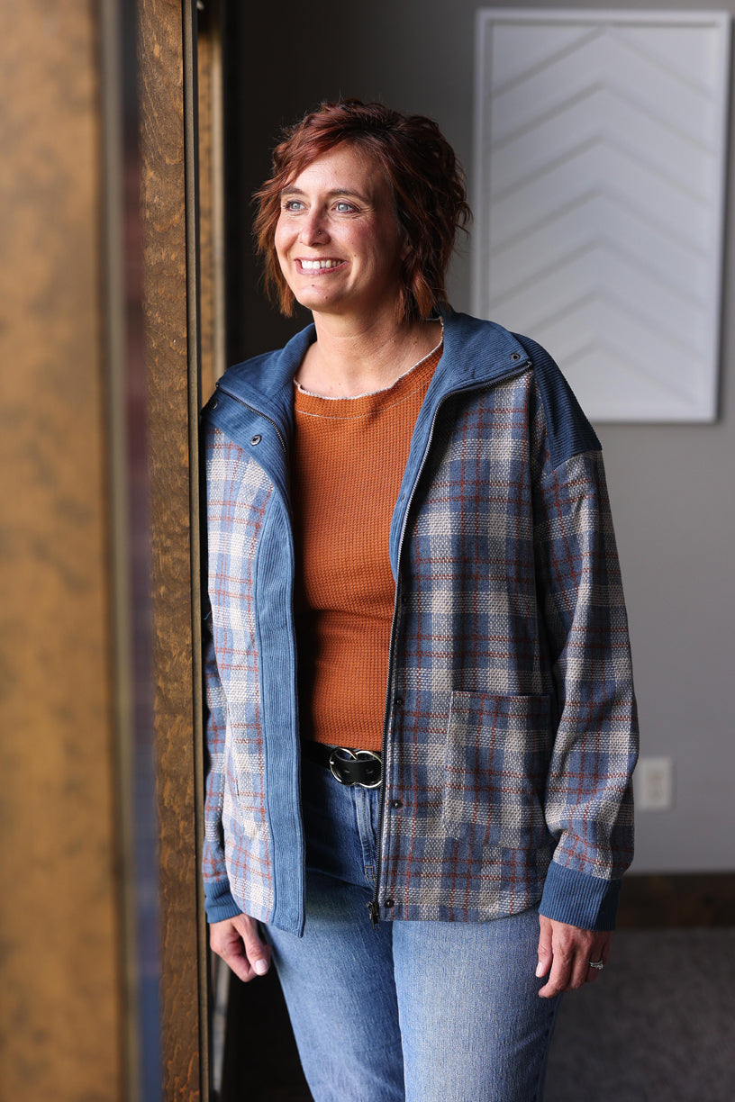 Blue Plaid Corduroy Patchwork Zip Up Jacket