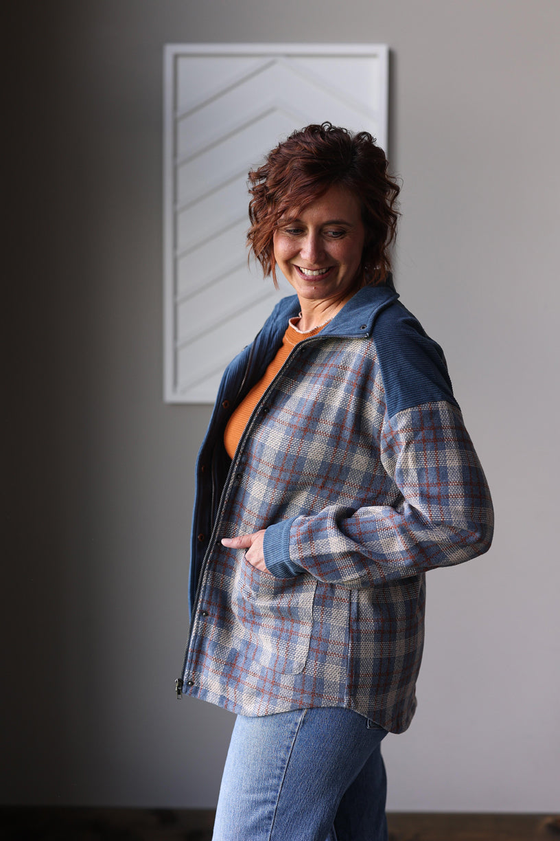 Blue Plaid Corduroy Patchwork Zip Up Jacket