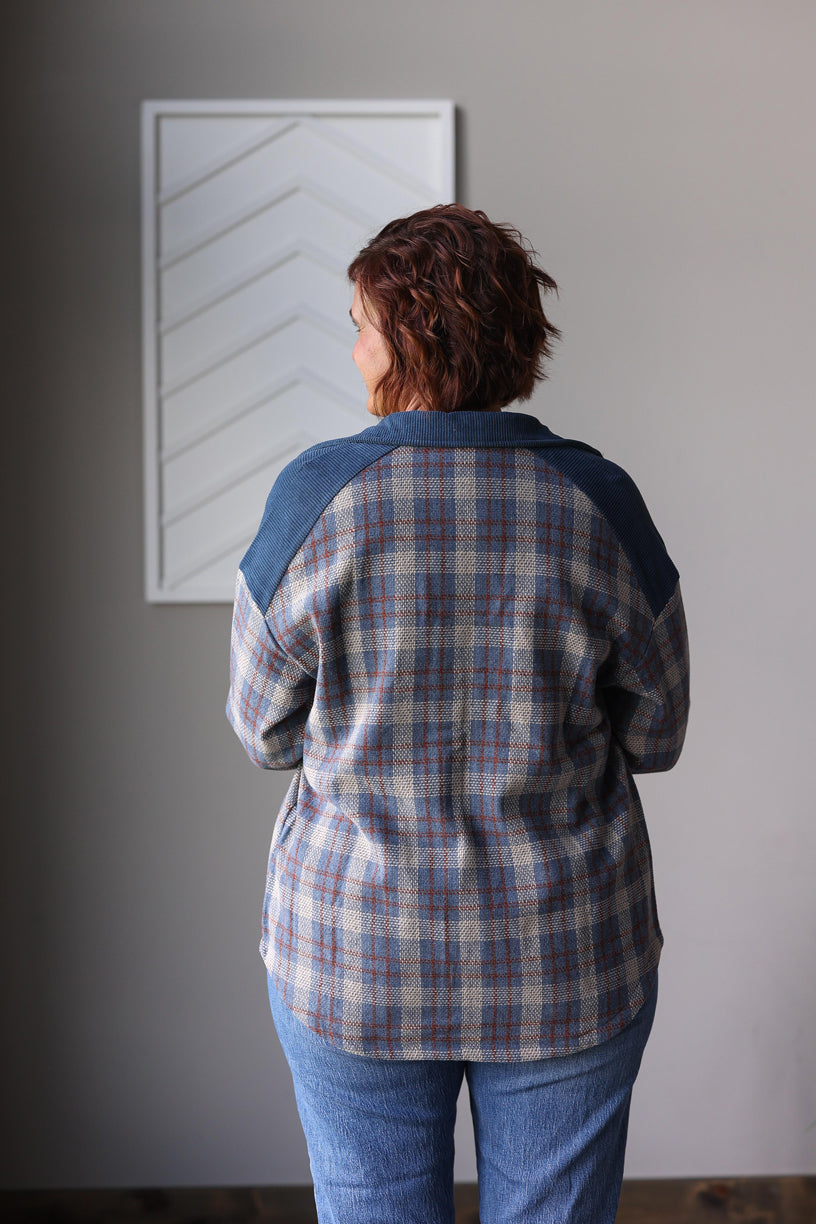 Blue Plaid Corduroy Patchwork Zip Up Jacket