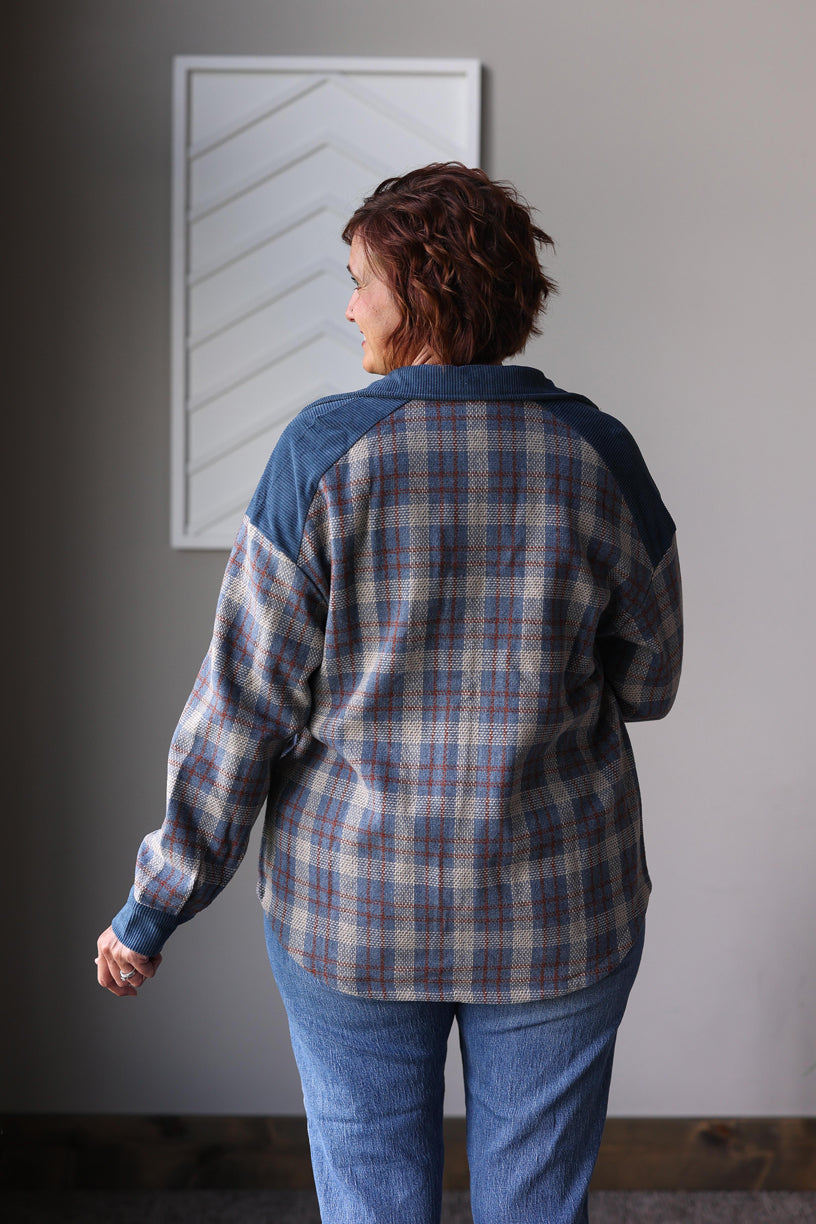 Blue Plaid Corduroy Patchwork Zip Up Jacket