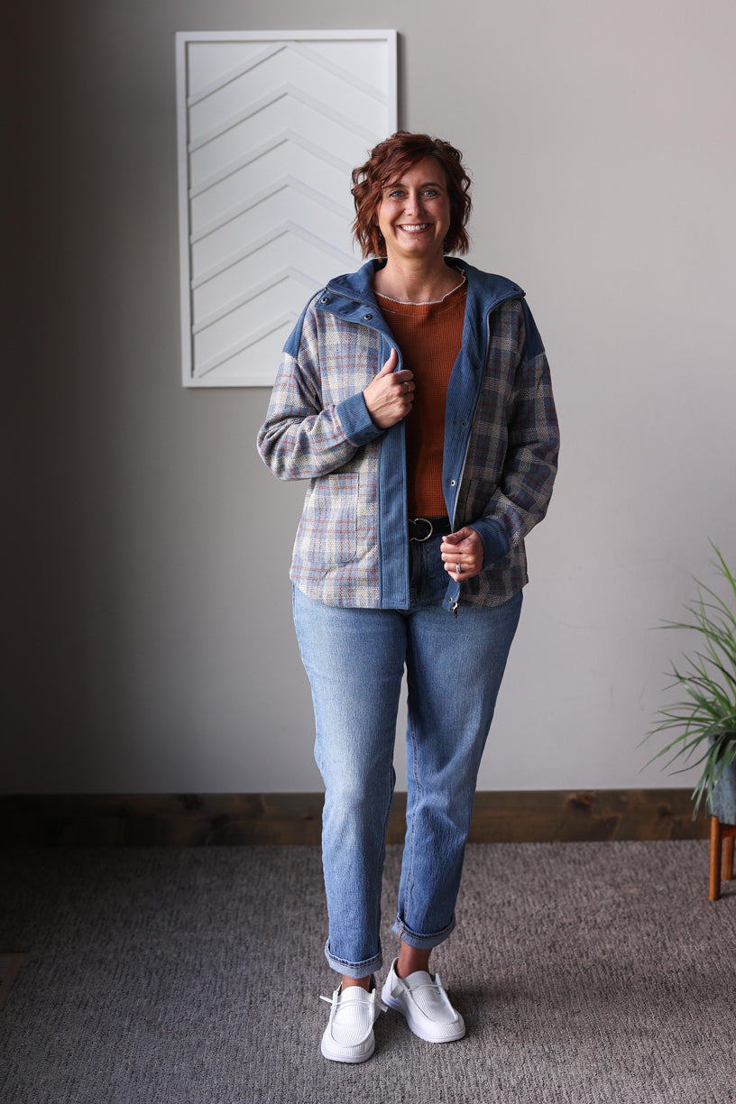 Blue Plaid Corduroy Patchwork Zip Up Jacket