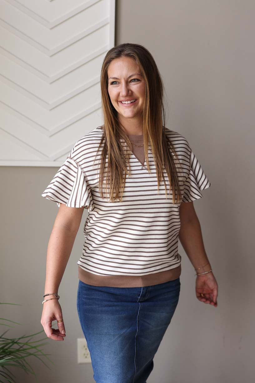 Brown Contrast Stripe Ruffle Sleeve Top, Small
