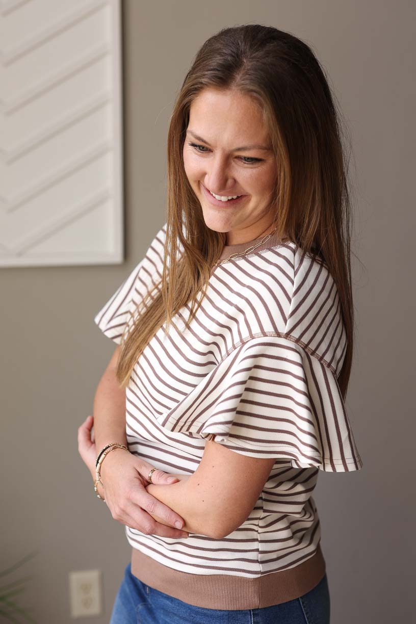 Brown Contrast Stripe Ruffle Sleeve Top, Small