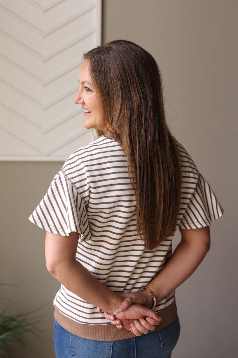 Brown Contrast Stripe Ruffle Sleeve Top, Small