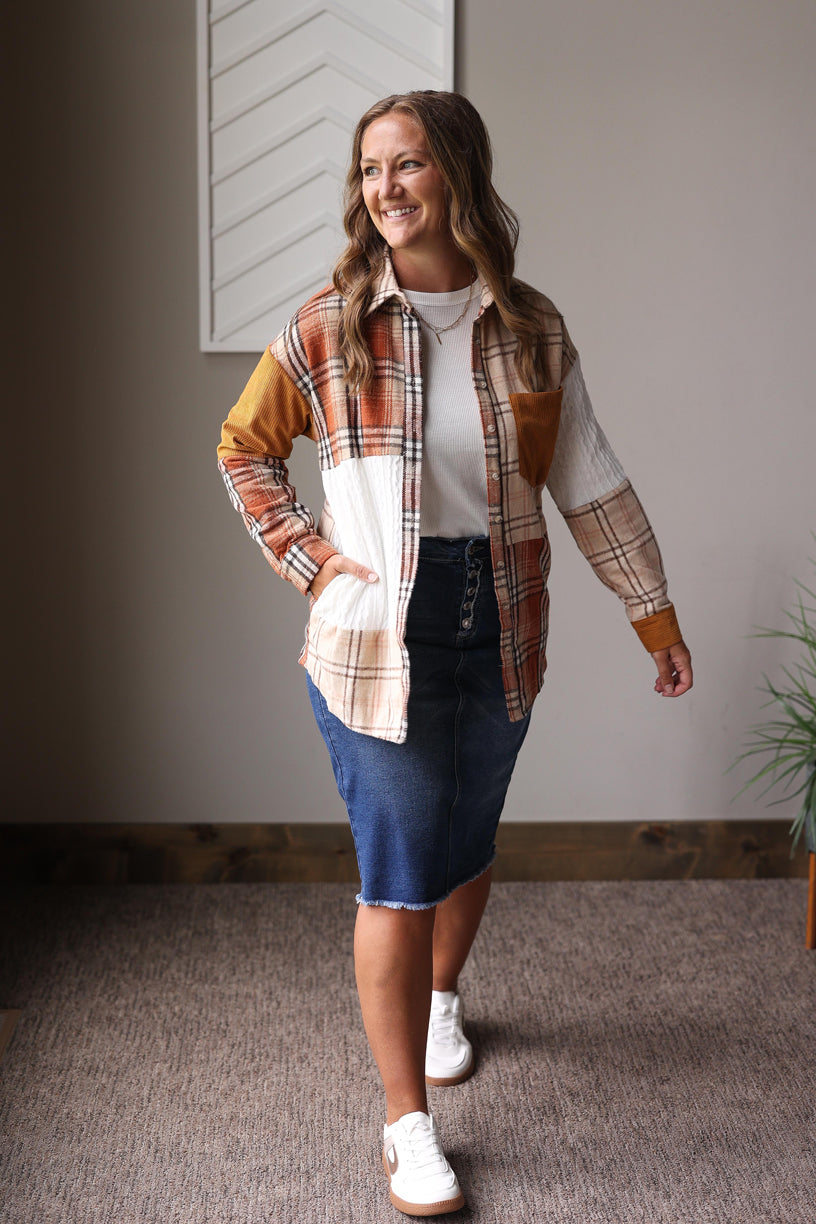 Orange Plaid Patchwork Shacket