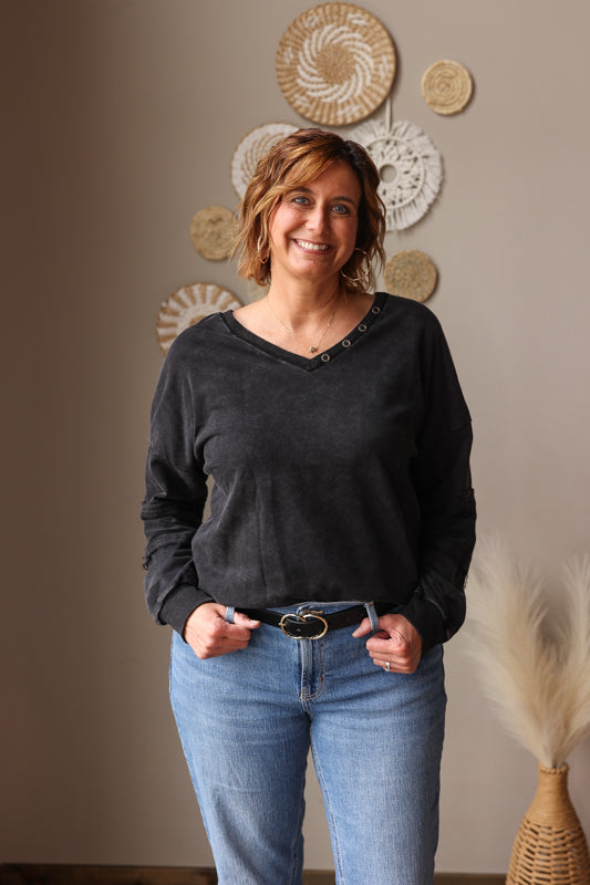 Charcoal Mineral Wash V-Neck Pullover