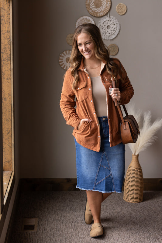 Cinnamon Fur Lined Corduroy Shacket