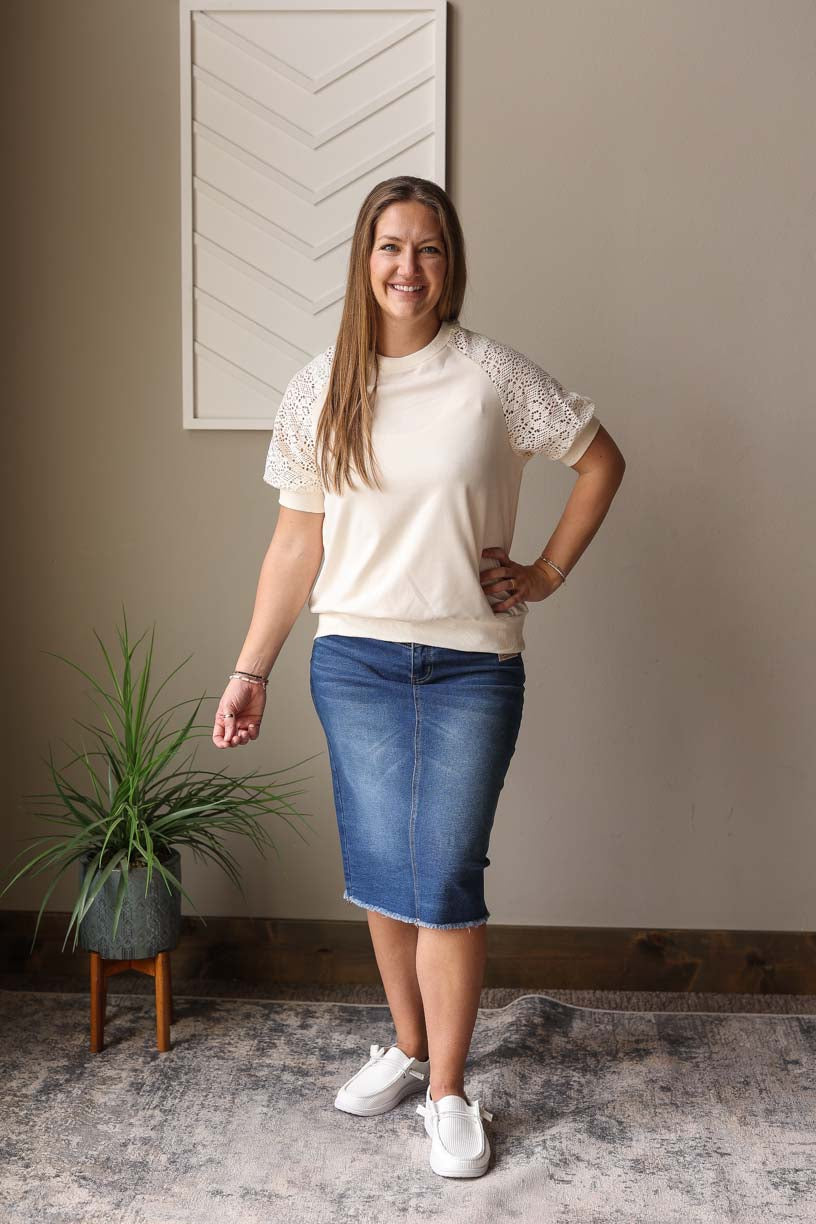 Beige Lace Crochet Short Sleeve Top