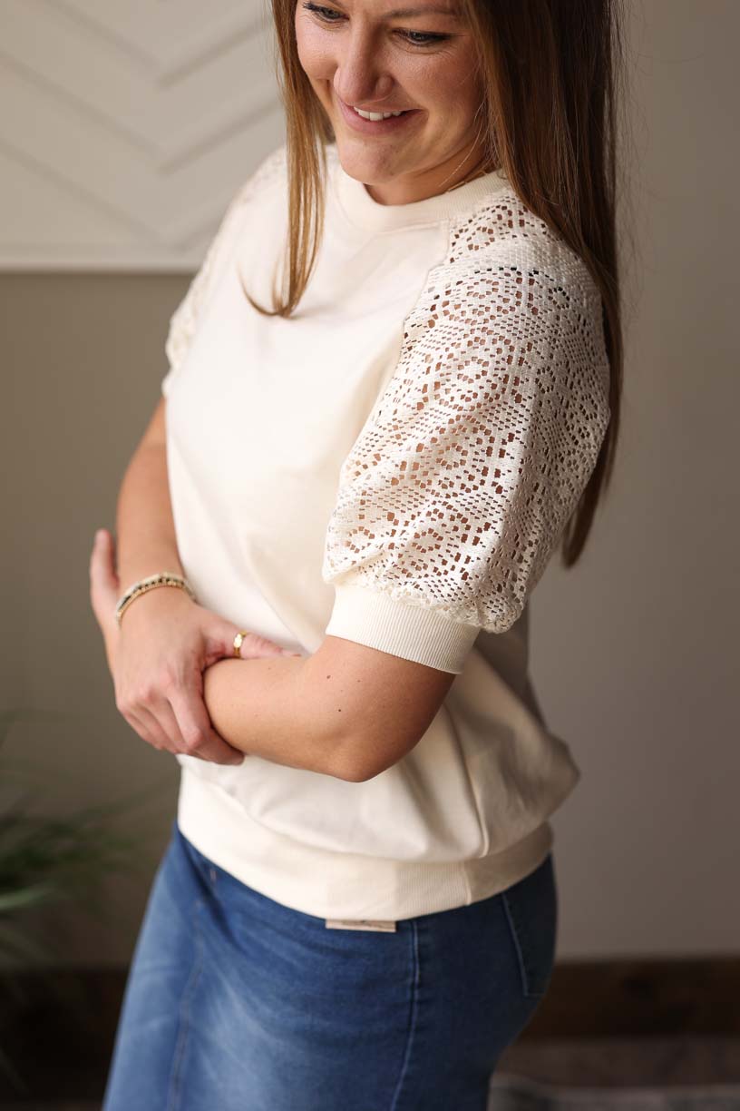 Beige Lace Crochet Short Sleeve Top