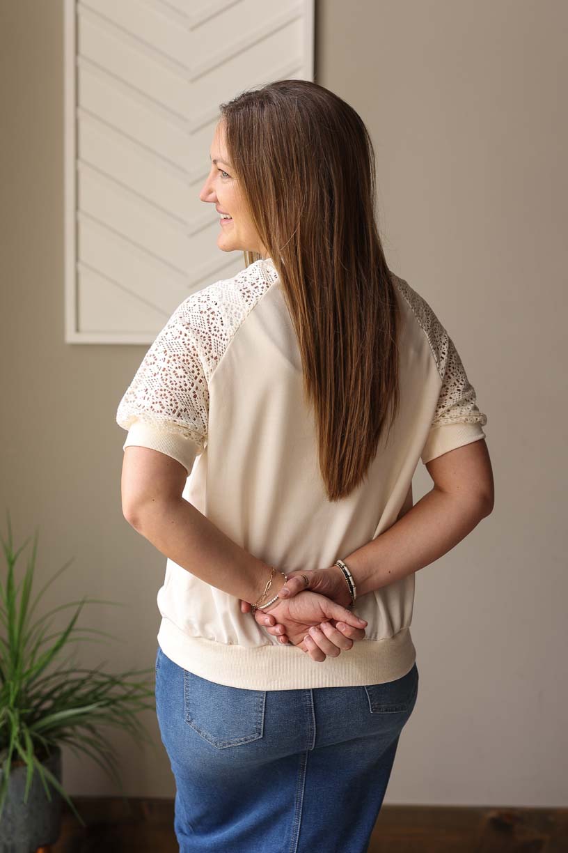 Beige Lace Crochet Short Sleeve Top