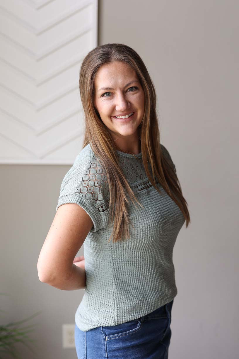 Mist Green Lace Patch Waffle Top; 2XL PLUS