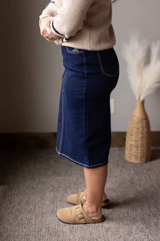 Dark Wash Back Slit Solid Stitch Midi Denim Skirt