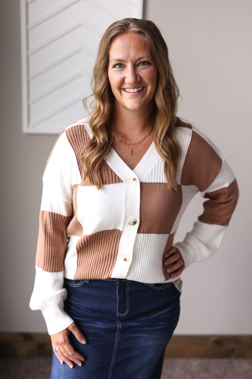 Khaki Checkered Ribbed Button Sweater Cardigan
