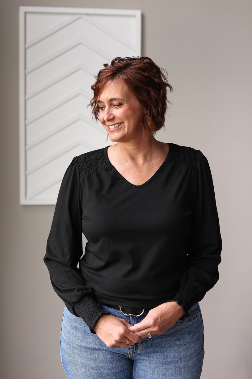 Black Shirred Shoulder And Sleeve Top