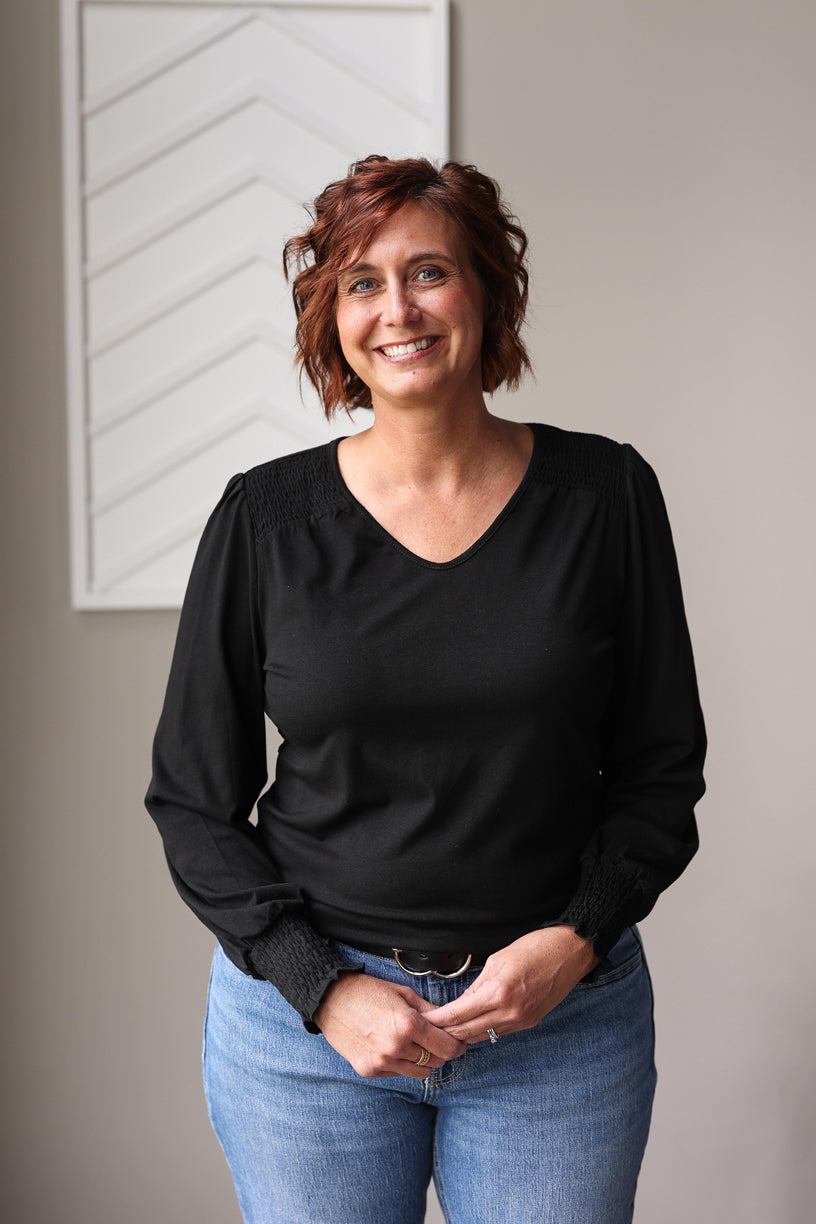 Black Shirred Shoulder And Sleeve Top