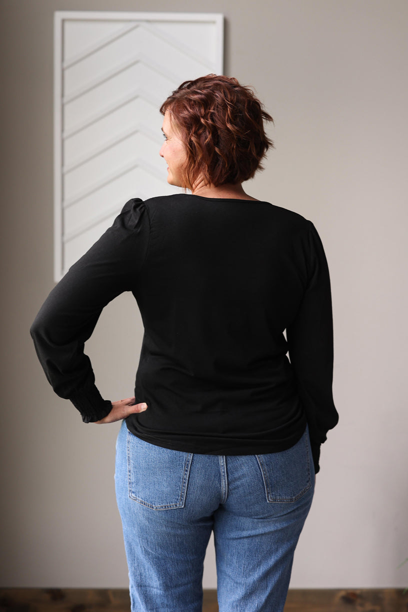 Black Shirred Shoulder And Sleeve Top