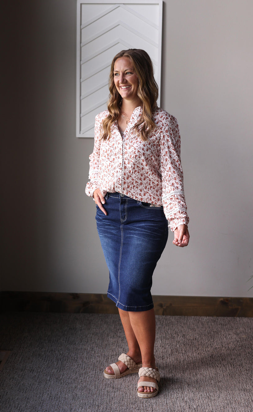 Khaki Printed Lace Detail Button Up Shirt; S, XL, 2XL PLUS