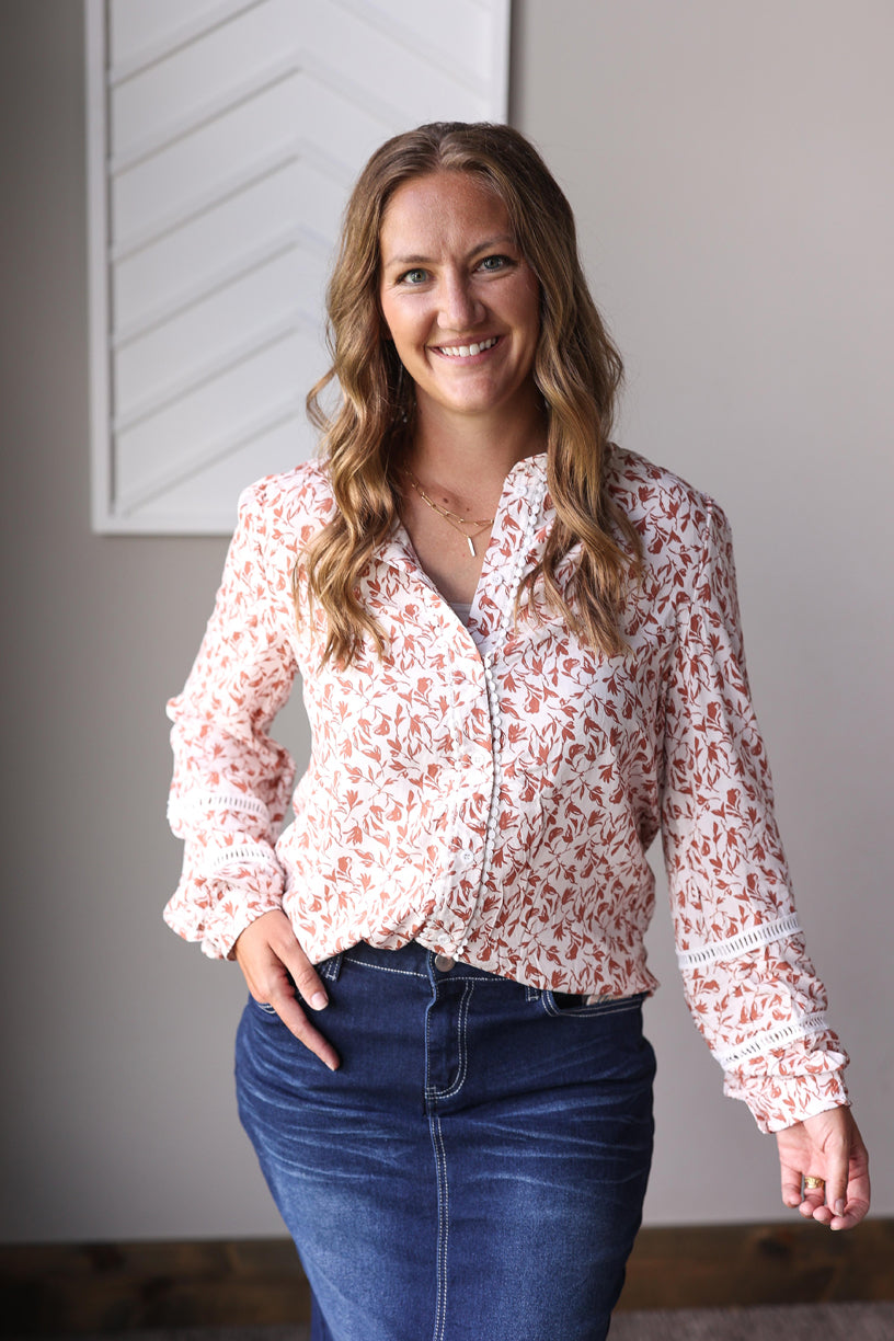 Khaki Printed Lace Detail Button Up Shirt; S, XL, 2XL PLUS