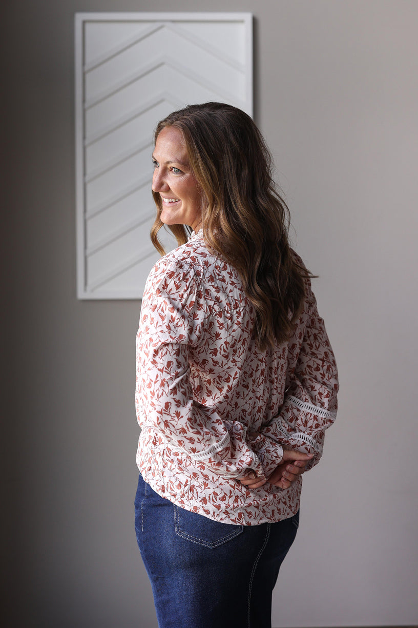 Khaki Printed Lace Detail Button Up Shirt; S, XL, 2XL PLUS