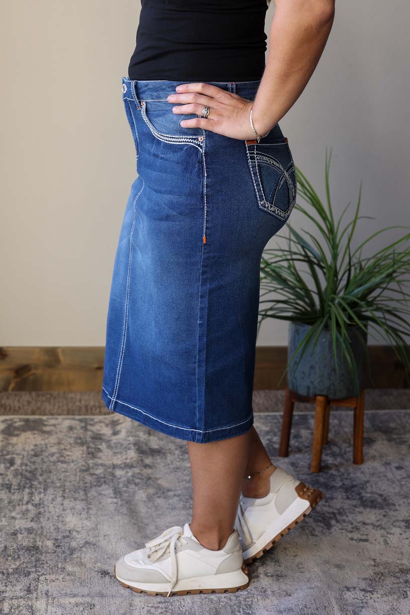 Kate Dark Wash Heavy Stitching Denim Skirt