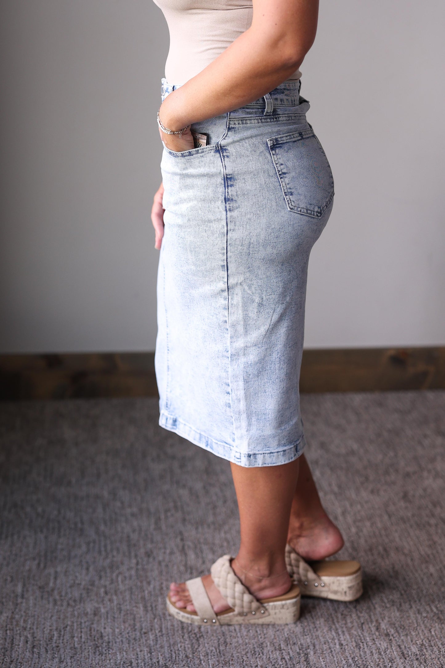 light mineral wash denim midi skirt for women casual modest style at Classy Closet modest womens clothing boutique