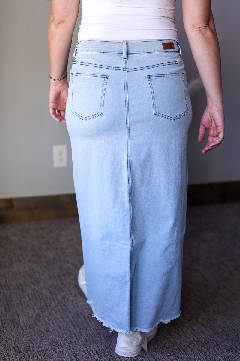 Grace Light Wash Fray Hem Long Denim Skirt
