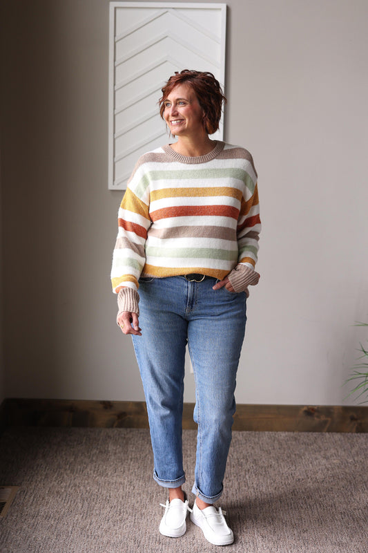 Celebrate cozy fall vibes with this Multicolor Stripe Crewneck Sweater, featuring soft fabric and a cheerful mix of autumn colors perfect for any casual occasion.
