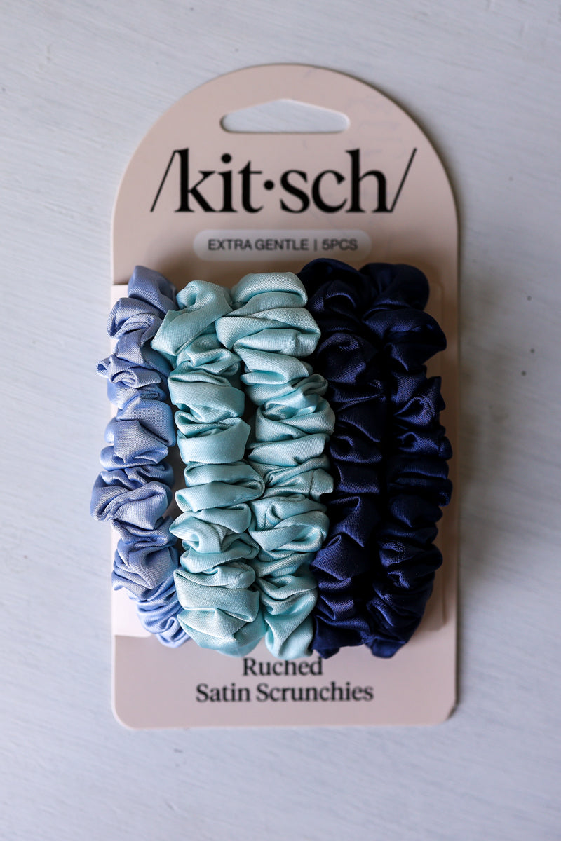 Pack of ruched satin scrunchies on a 'kitsch' branded card against a light gray background KITSCH satin hair ties