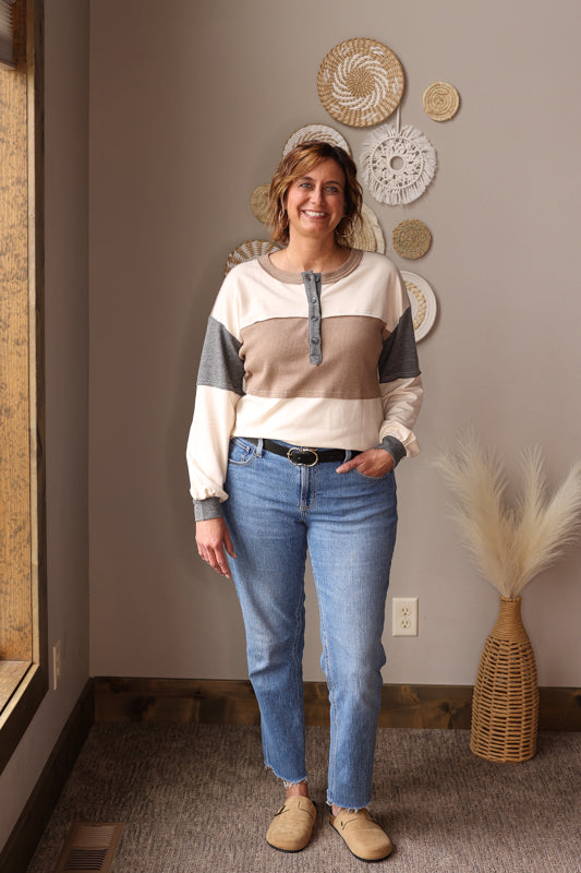 Neutral Colorblock Waffle Henley Top