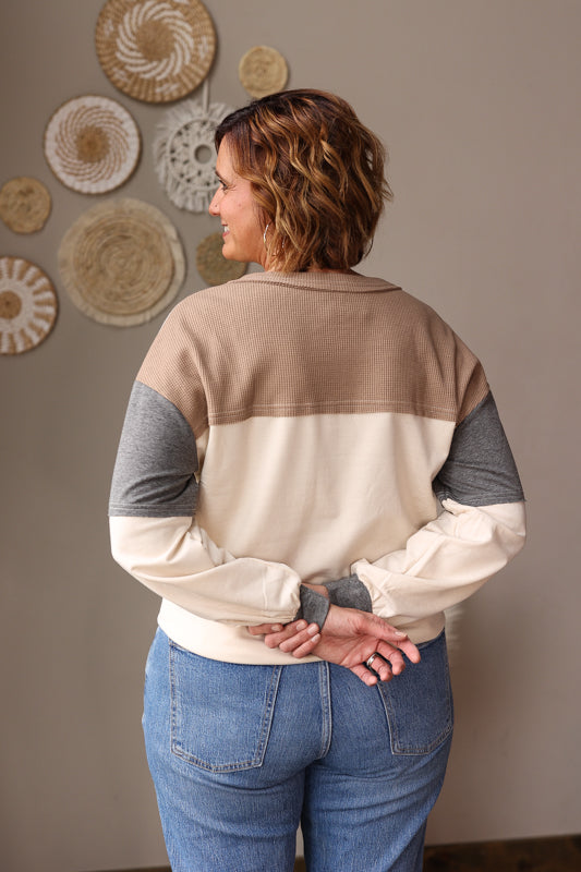 Neutral Colorblock Waffle Henley Top