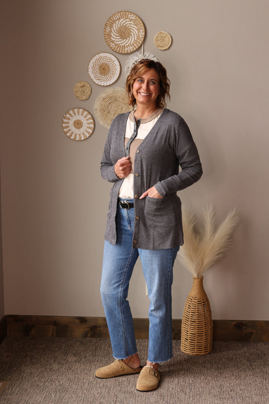 Grey Pocketed Button Front Cardigan; S-2XL PLUS