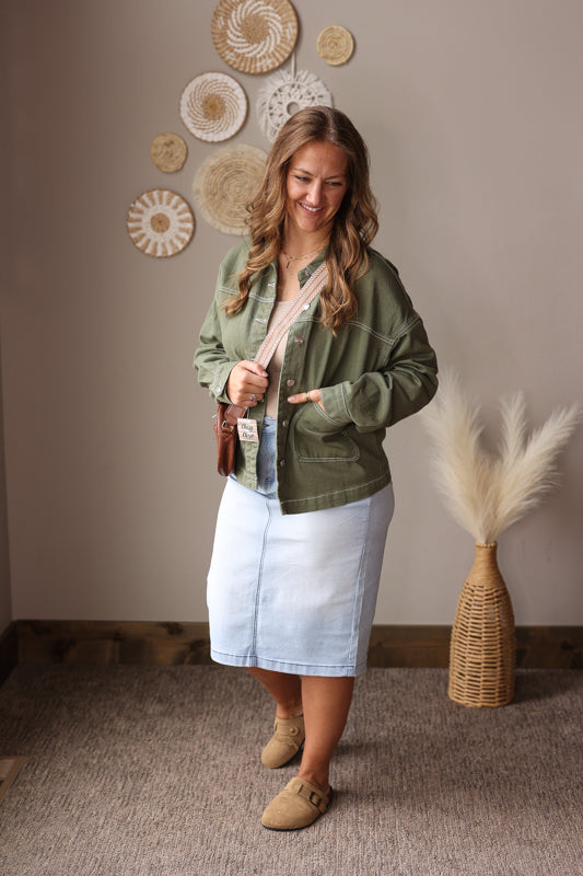 Smoke Green Patch Pocket Denim Jacket