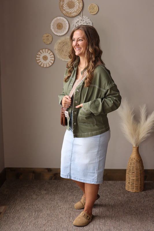 Smoke Green Patch Pocket Denim Jacket