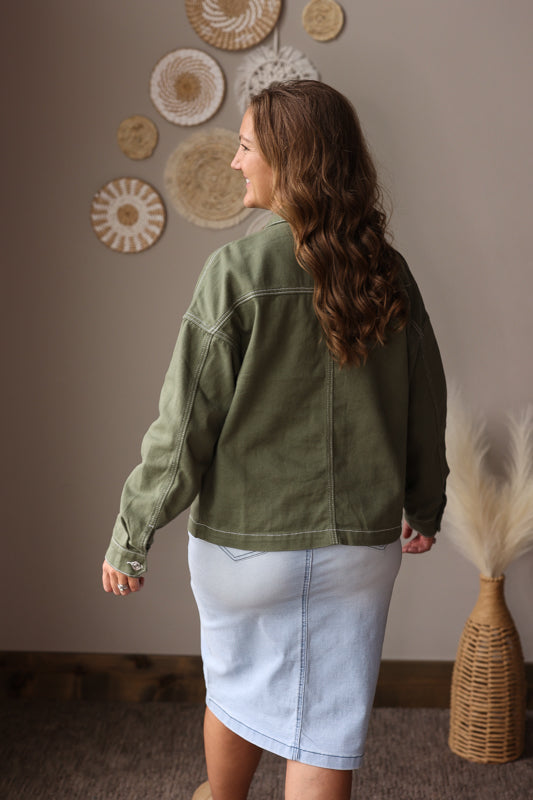 Smoke Green Patch Pocket Denim Jacket