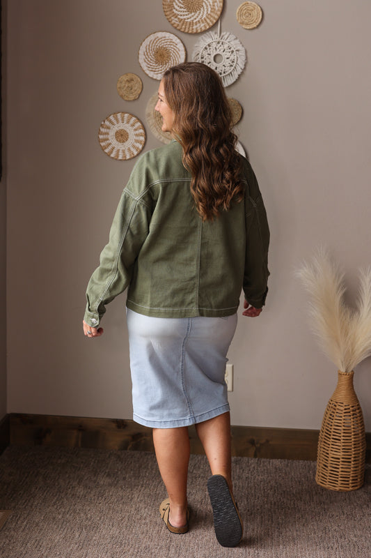 Smoke Green Patch Pocket Denim Jacket