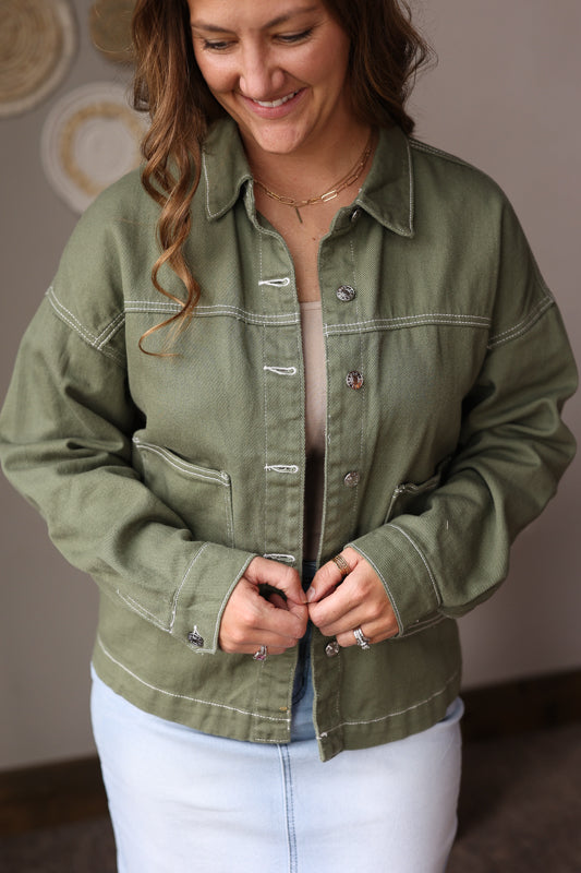 Smoke Green Patch Pocket Denim Jacket
